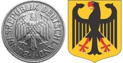 Федеральный орёл изображался на монетах ФРГ ещё до введения евро. Справа — герб ФРГ.