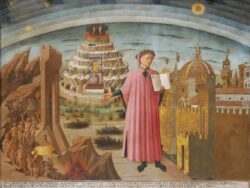 Данте в «Божественной комедии» (фреска Доменико ди Микелино, 1465 г. Собор Санта-Мария-дель-Фьоре, Флоренция. 2,32×2,9 м). Данте изображён держащим копию «Божественной комедии» рядом со входом в Ад, семью террасами Горы Чистилища, городом Флоренция и сферами Неба вверху. Данте в «Божественной комедии» (фреска Доменико ди Микелино, 1465 г. Собор Санта-Мария-дель-Фьоре, Флоренция. 2,32×2,9 м). Данте изображён держащим копию «Божественной комедии» рядом со входом в Ад, семью террасами Горы Чистилища, городом Флоренция и сферами Неба вверху.