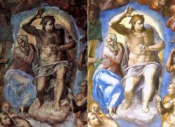 Дева Мария и Христос — фрагмент фрески Микеланджело «Страшный суд» (1537—1541) — до и после реставрации Дева Мария и Христос — фрагмент фрески Микеланджело «Страшный суд» (1537—1541) — до и после реставрации
