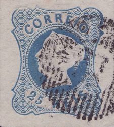 Почтовая марка Португалии 1853 года номиналом 25 рейсов с портретом королевы Марии II