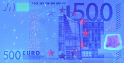 500 евро, лицевая сторона в ультрафиолетом свете