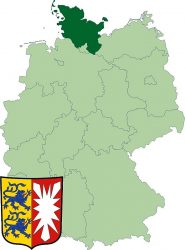 Федеральная земля Шлезвиг-Гольштейн на карте Германии. А так же её герб.