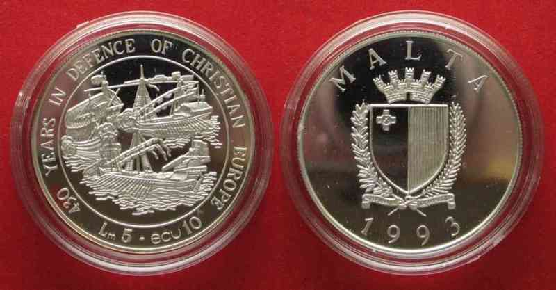 Серебряные 10 ЭКЮ Мальты 1993 года - 430 лет Битвы при Лепанто