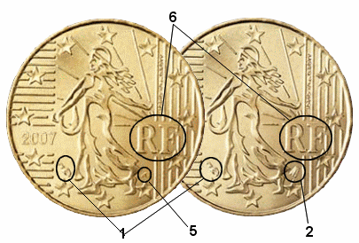 Примеры размещения знаков на французских монетах